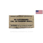 .30 Carbine (Rifle) Box of 50, Federal Cartridge Corp. (FCC), Copper Jacketed, Ball Ammo *Fair* Condition 
