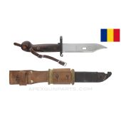 Romanian AKM Type 1 Bayonet, w/ Scabbard, Knuckle Strap & Leather Frog *Good*