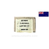 7.62X51MM (Rifle) 15rd Box, Copper FMJ, Defense Army Auckland, New Zealand Ammo, 147gr,  *Good* Condition