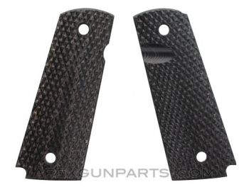 BLACK FRIDAY! R1 1911 Grip Panels, Black/Pewter, Laminated Checkered Pattern W/Thumb Groove, Ambidextrous Safety Cut, NEW