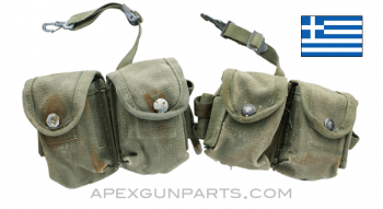 SPECIAL! Set of 2 M1 Garand En-Bloc Ammunition Pouches, OD Canvas, ALICE Clips, Greek *Good/Stained/Worn* 