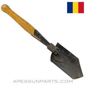 Romanian Folding Shovel, w/ Carrier / Cover, Steel Blade w/Wood Handle *Good* 